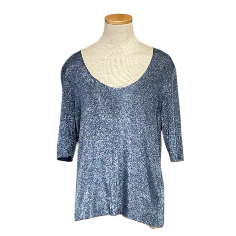 Reiss Knit Top Nwt Blue Metallic Half Sleeve Scoop Neck Stretchy Size Large